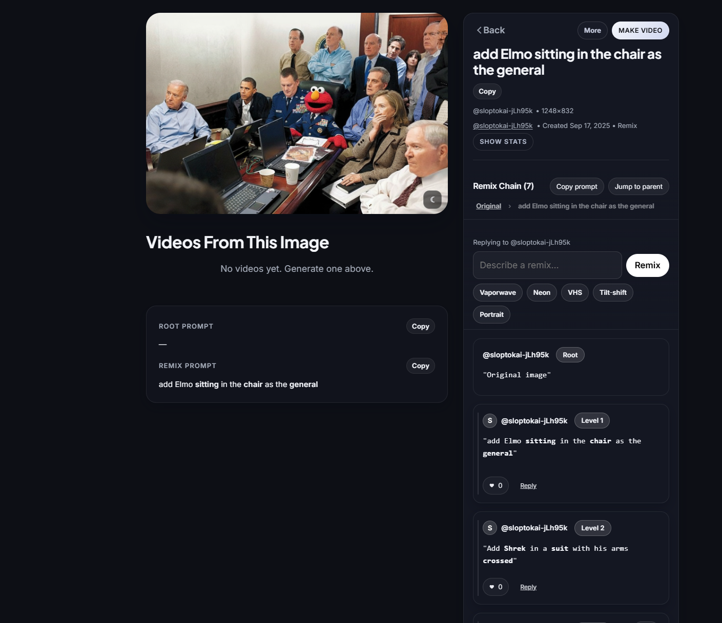 Remix chain adding Elmo to a White House situation room photo, ready for further edits.